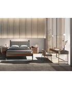 Lit double  avec tête de lit en similicuir gris foncé/noyer - 75x170x215 cm