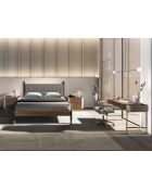 Lit double  avec tête de lit en similicuir gris foncé/noyer - 75x170x215 cm