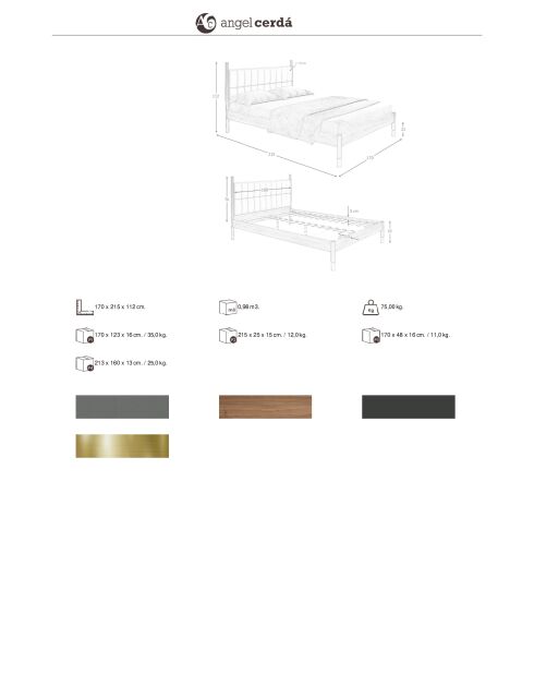 Lit double  avec tête de lit en similicuir gris foncé/noyer - 75x170x215 cm