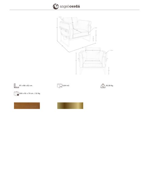 Fauteuil en Cuir avec accoudoirs  chameau/or - 30x97x88 cm