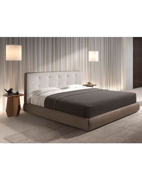 Lit double  avec tête de lit en tissu et structure en similicuir blanc/marron - 80x199x224 cm