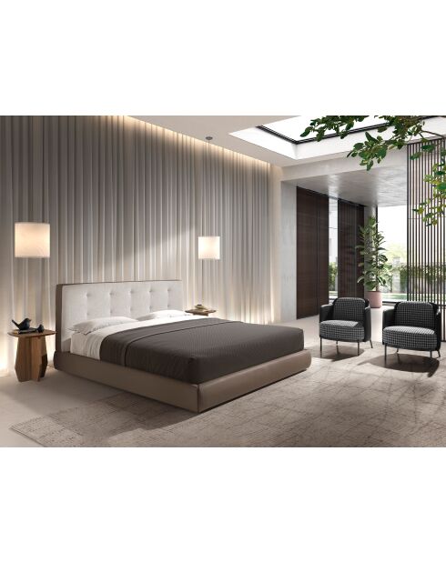 Lit double  avec tête de lit en tissu et structure en similicuir blanc/marron - 80x199x224 cm