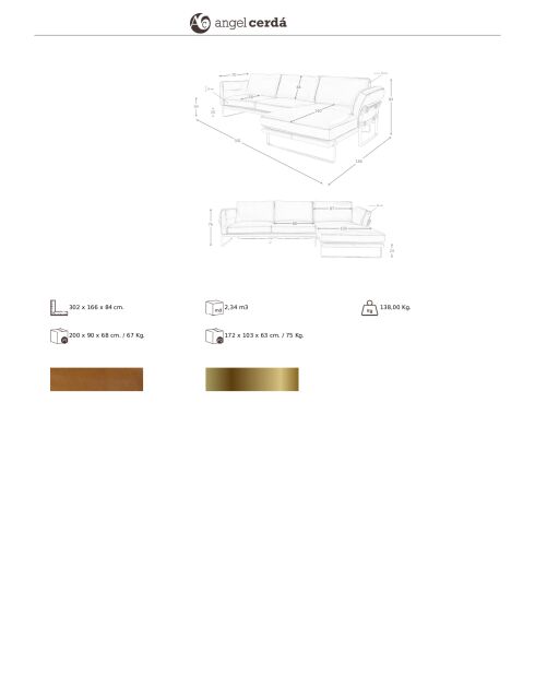 5-Sitzer-Ecksofa Kamel/Gold - 138x302x166 cm