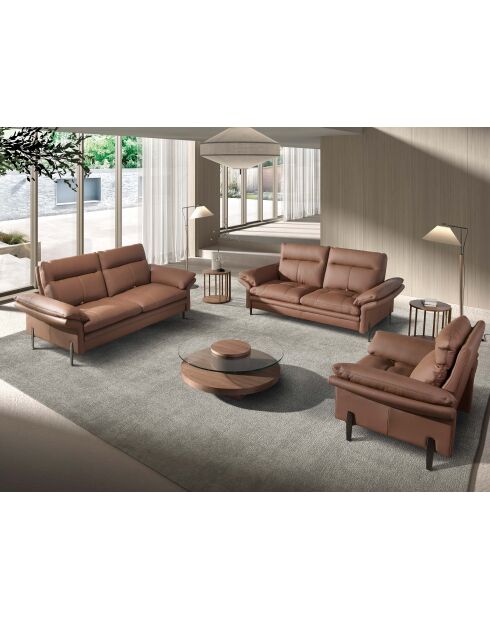 2-zits leren bank bruin/donker staal - 65x195x118 cm