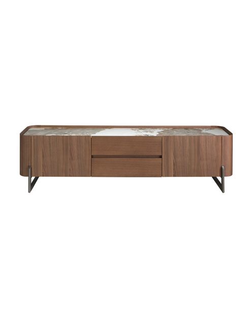 Meuble TV avec structure en bois plaqué blanc/acier foncé/noyer - 82x200x45 cm