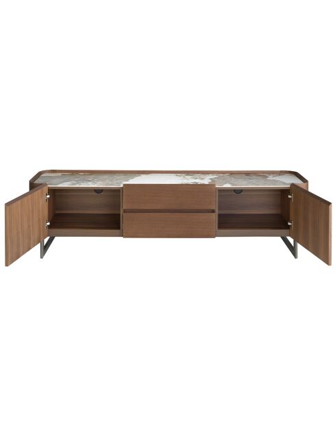 Meuble TV avec structure en bois plaqué blanc/acier foncé/noyer - 82x200x45 cm