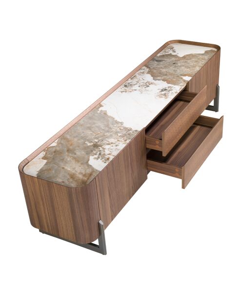 Meuble TV avec structure en bois plaqué blanc/acier foncé/noyer - 82x200x45 cm
