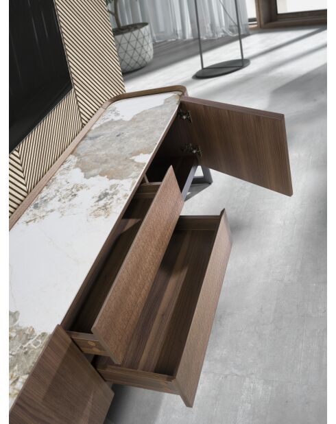 Meuble TV avec structure en bois plaqué blanc/acier foncé/noyer - 82x200x45 cm