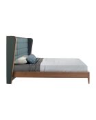 Lit double  avec tête de lit originale en similicuir vert foncé/noyer - 135x206x213 cm