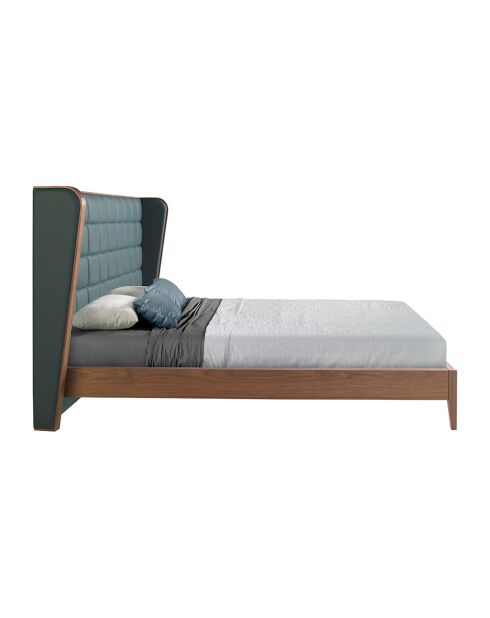 Lit double  avec tête de lit originale en similicuir vert foncé/noyer - 135x206x213 cm