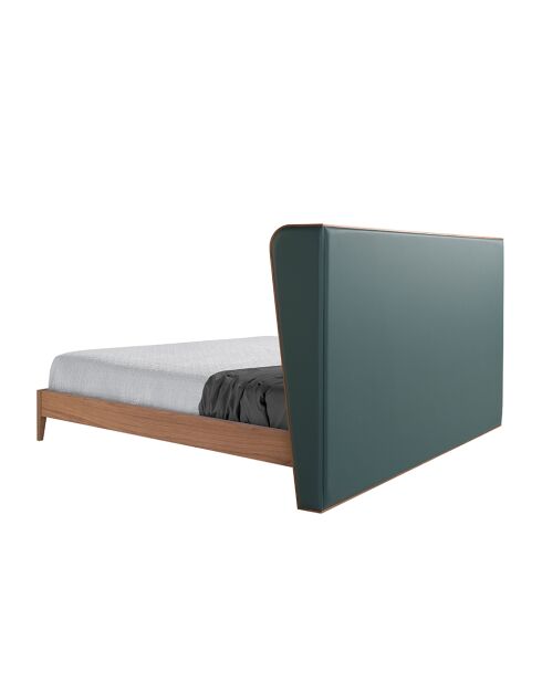 Lit double  avec tête de lit originale en similicuir vert foncé/noyer - 135x206x213 cm