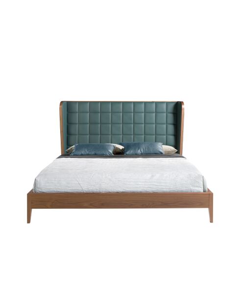 Lit double  avec tête de lit originale en similicuir vert foncé/noyer - 135x206x213 cm