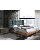 Lit double  avec tête de lit originale en similicuir vert foncé/noyer - 135x206x213 cm