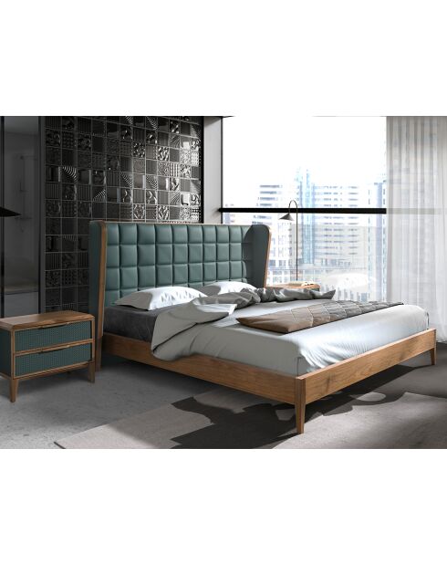 Lit double  avec tête de lit originale en similicuir vert foncé/noyer - 135x206x213 cm