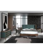 Lit double  avec tête de lit originale en similicuir vert foncé/noyer - 135x206x213 cm