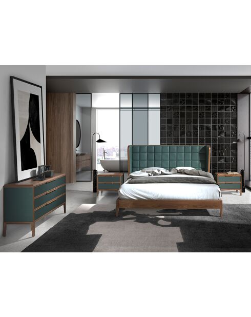 Lit double  avec tête de lit originale en similicuir vert foncé/noyer - 135x206x213 cm