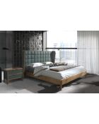 Lit double  avec tête de lit originale en similicuir vert foncé/noyer - 135x206x213 cm