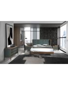 Lit double  avec tête de lit originale en similicuir vert foncé/noyer - 135x206x213 cm