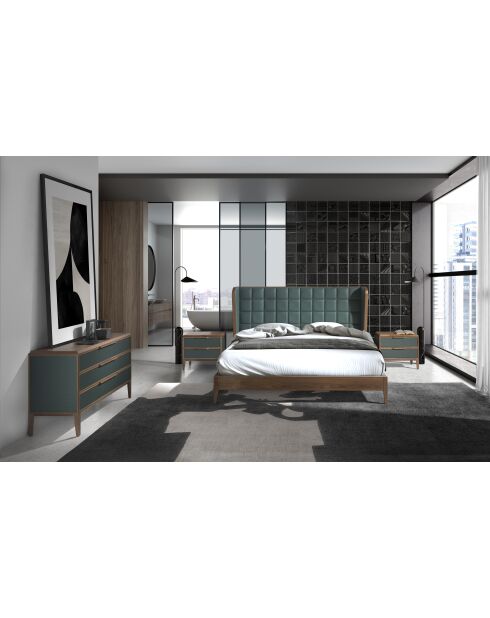 Lit double  avec tête de lit originale en similicuir vert foncé/noyer - 135x206x213 cm