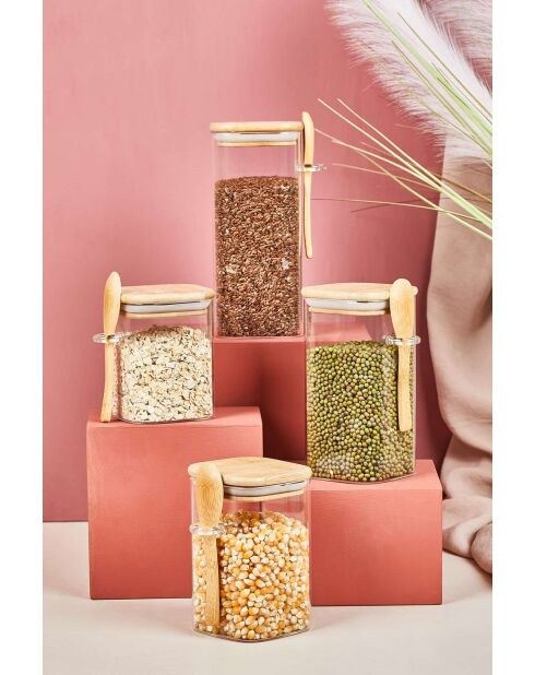 4 Bocaux avec couvercle et cuillère transparents