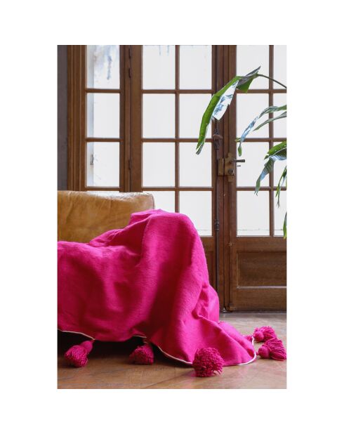 Plaid berbère pompon rose fushia - 250x150cm