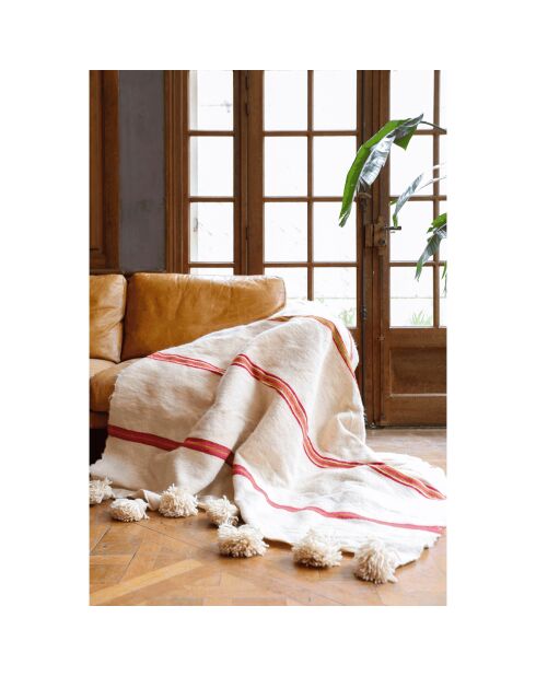 Berberplaid met witte pompon en roze strepen - 250x150cm