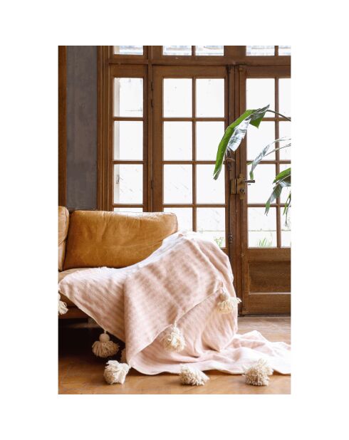 Tela escocesa bereber con pompón de rayas rosas - 300x200 cm