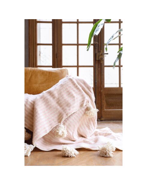 Tela escocesa bereber con pompón de rayas rosas - 300x200 cm