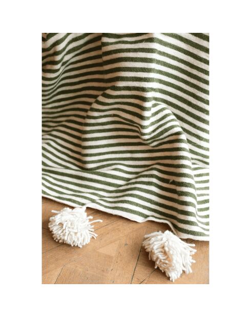 Berber plaid met witte kwastjes en kaki strepen - 250x150cm