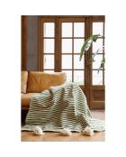 Berber plaid met witte kwastjes en kaki strepen - 250x150cm