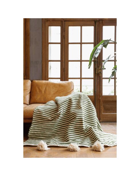 Berber plaid met witte kwastjes en kaki strepen - 250x150cm