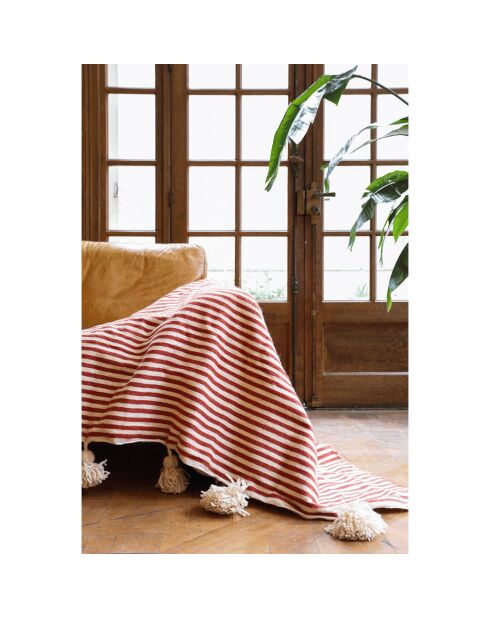 Tela escocesa bereber con pompón de rayas rojas - 250x150 cm