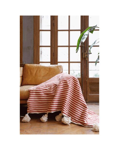 Tela escocesa bereber con pompón de rayas rojas - 250x150 cm