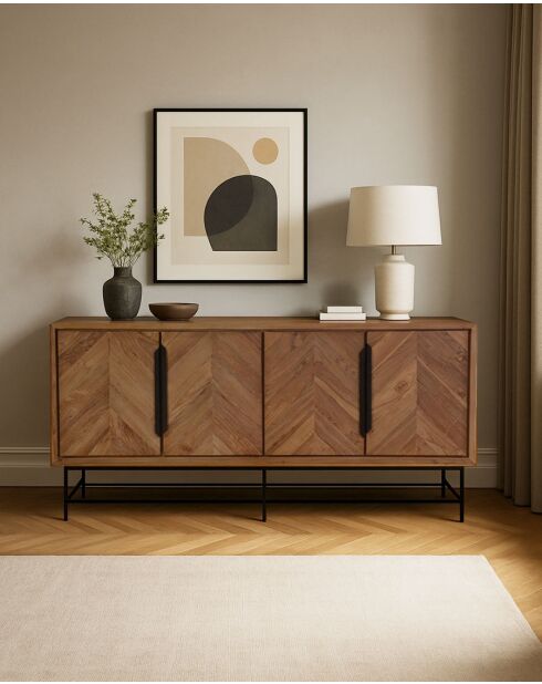 Kappa - Aparador bajo grande de teca reciclada con estampado de chevron y metal de 180 cm