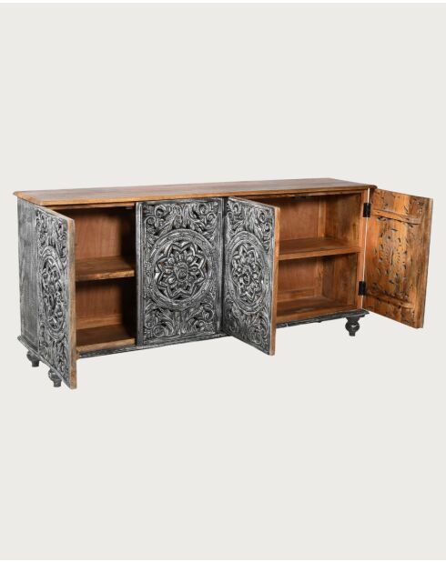 Lotus - Grande credenza nera laccata in legno massello di mango intagliato 180 cm