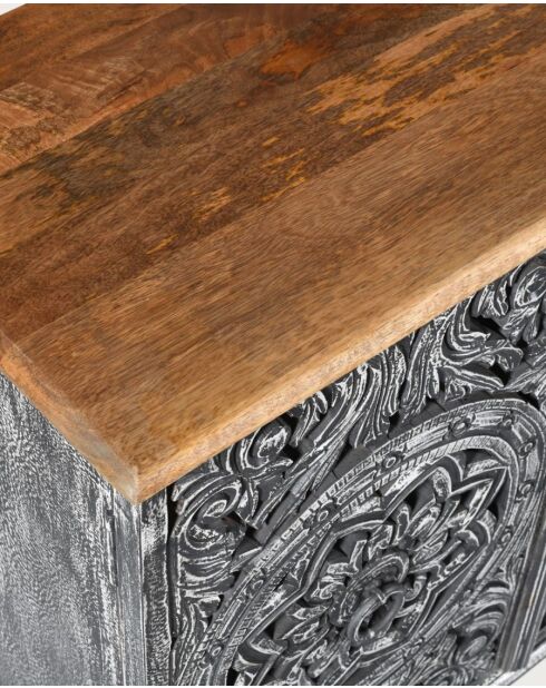 Lotus - Grande credenza nera laccata in legno massello di mango intagliato 180 cm