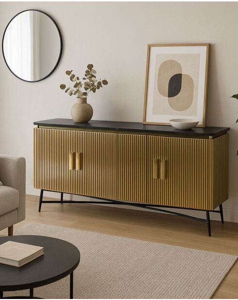 Glory - Großes Sideboard aus gealtertem Messing mit schwarzer Marmorplatte, 160 cm