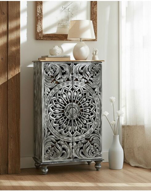 Lotus-Petit armoire cérusé en bois massif de manguier 80cm