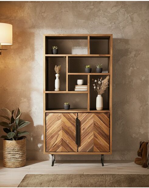 Kappa - Piccola libreria industriale in maffis di teak riciclato con motivo chevron 100 cm