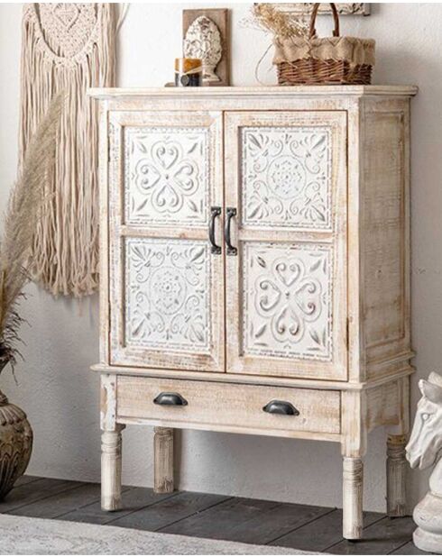 Mala - Aparador alto con 2 puertas en madera maciza de mango tallada 85 cm