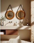 Brio - Espejo de baño redondo de madera con correa de piel - 45x5 cm