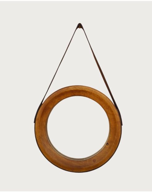 Brio - Miroir rond pour salle de bain en bois et lanière en cuir - 45x5 cm