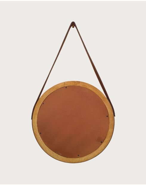 Brio - Miroir rond pour salle de bain en bois et lanière en cuir - 45x5 cm