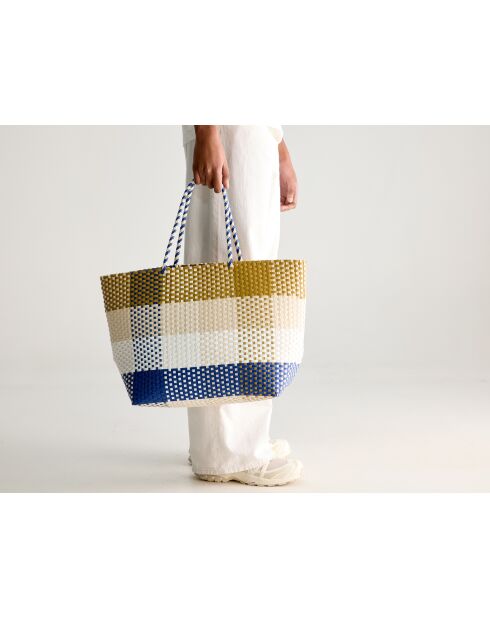 Ostic karierte Tasche beige/blau - 33x36 cm
