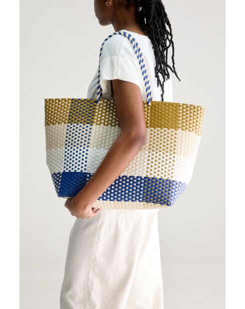Ostic karierte Tasche beige/blau - 33x36 cm