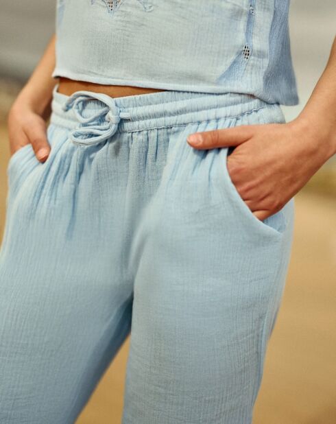 Palmy hemelsblauwe broek van dubbel gaaskatoen met wijde pijpen