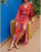 Roémie lange jurk met lange mouwen en oranjekleurige print