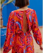 Roémie lange jurk met lange mouwen en oranjekleurige print