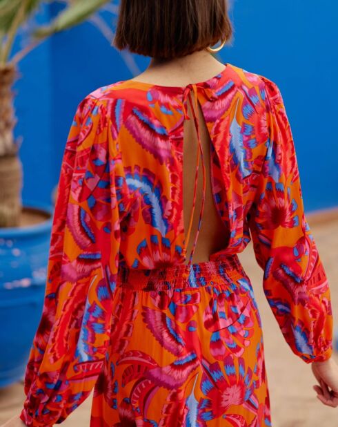 Roémie lange jurk met lange mouwen en oranjekleurige print
