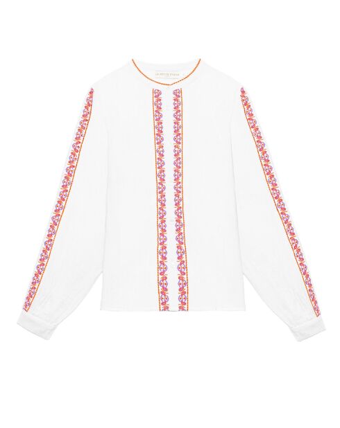 Rechte blouse van Brielle met wit/oranje kasjmierborduursel